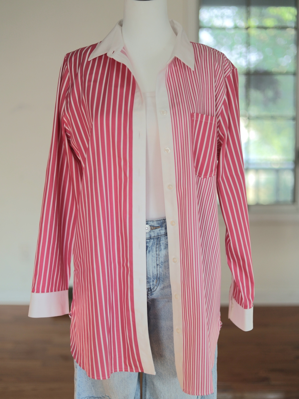 Chico's Pink and White Striped Button-Down Shirt